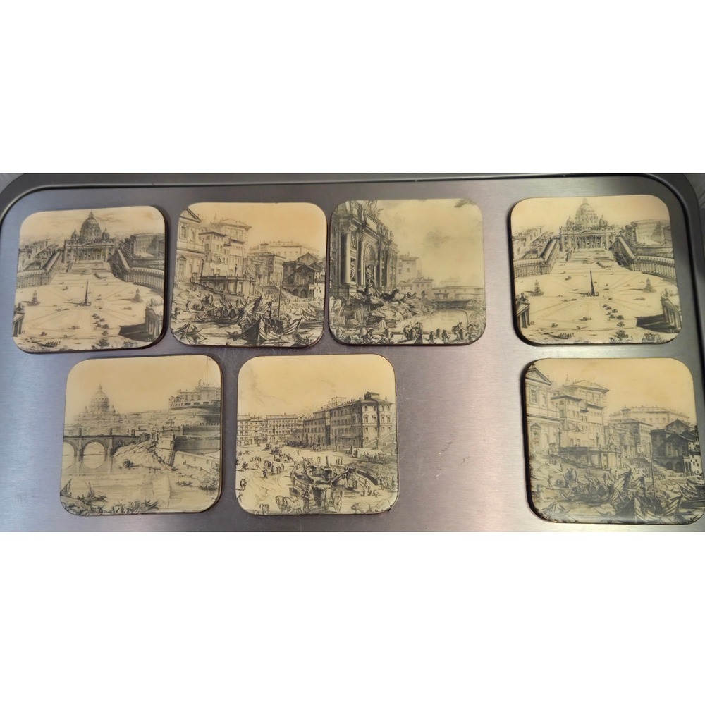 Vintage Rome Italy Architectural Etching‎ Coasters Set of 7 Red Backing Landmark
